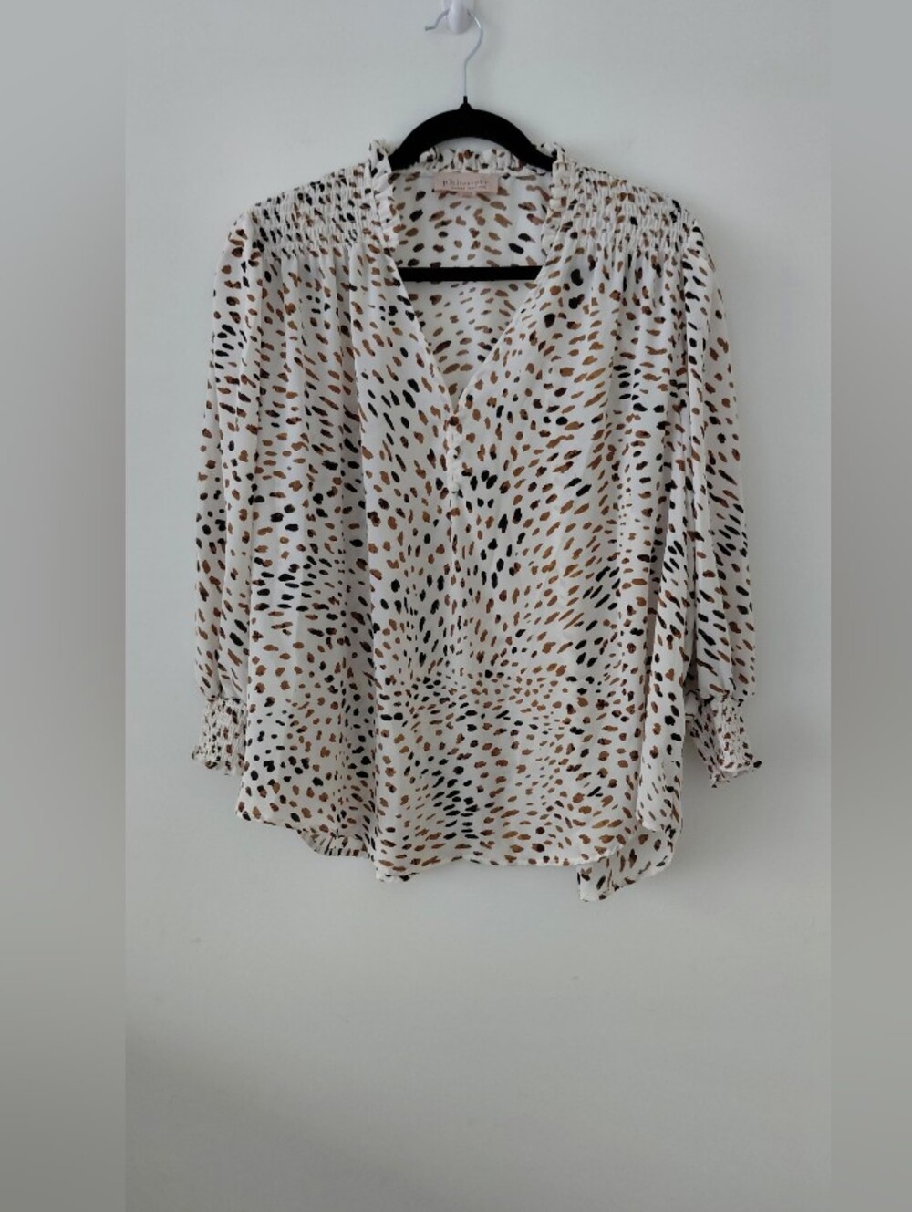 Women's Printed V-Neck Blouse - Cream with Brown & Black Spots